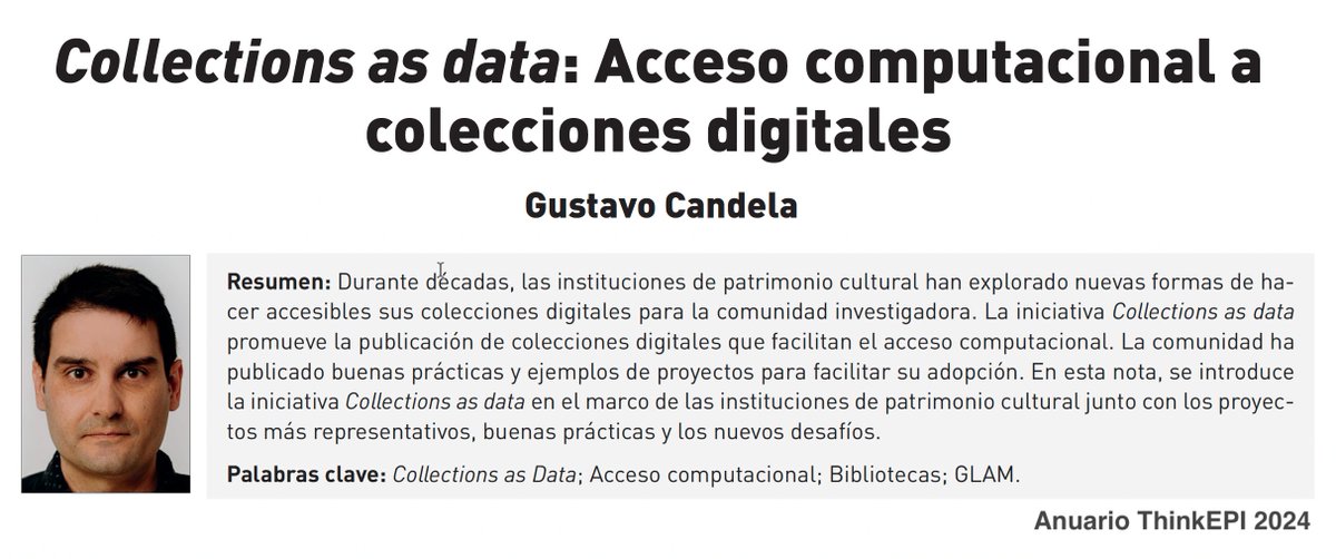 thinkepi (@thinkepi) on Twitter photo Collections as data: Acceso computacional a colecciones digitales. 
Un #ThinkEPI de Gustavo Candela @gus_candela 
🔗doi.org/10.3145/thinke… Collections as data: Acceso computacional a colecciones digitales. 
Un #ThinkEPI de Gustavo Candela @gus_candela 
🔗doi.org/10.3145/thinke…