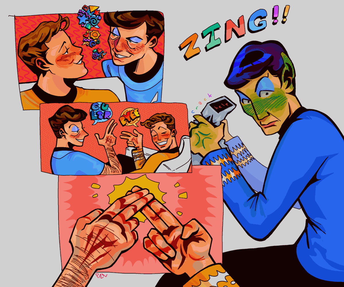 saw a post on tumblr awhile ago about jim and bones giving each other vulcan kisses because theyre used to doing it with spock and it. it stuck with me