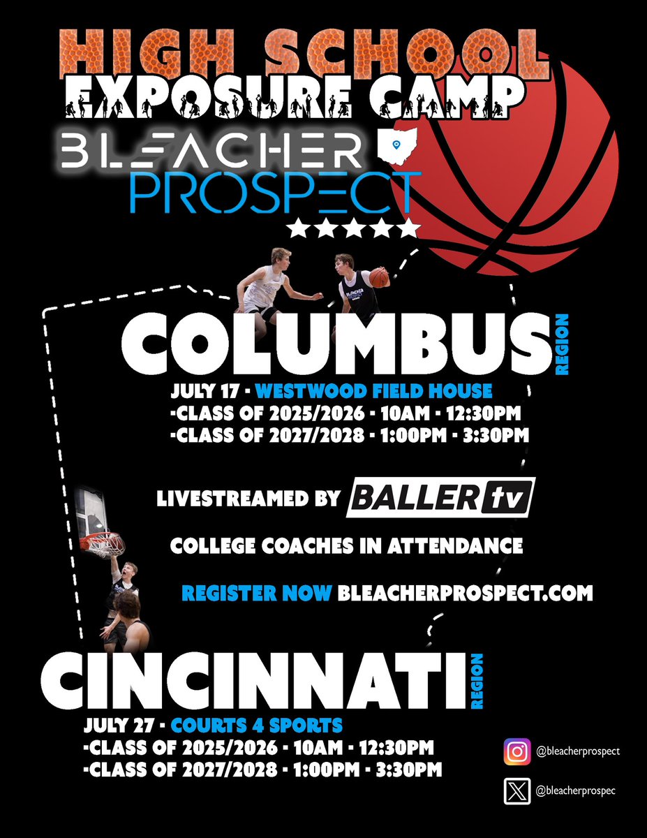 🚨Registration is NOW OPEN for Columbus and Cincinnati @BleacherProspec High School Prospect Camps this July. COLUMBUS 📅 Wednesday July 17th 🏀During NCAA LIVE Week 📍Westwood Fieldhouse CINCINNATI 📆Saturday July 27th 📍Court 4 Sports 🎓Classes: 2025, 2026, 2027 👀College…