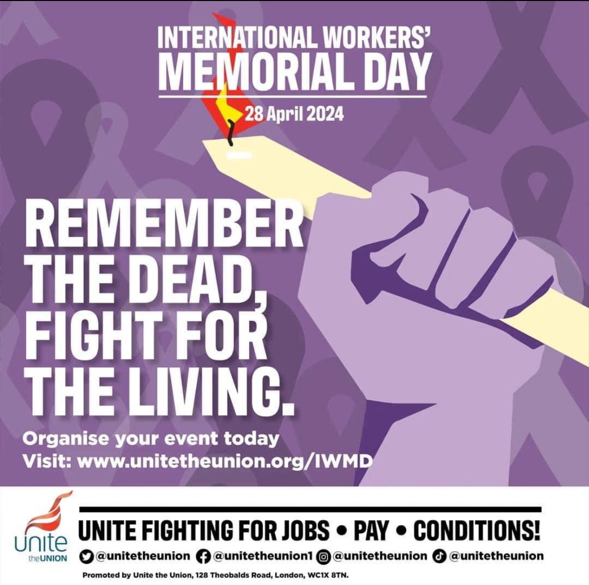 On #WorkersMemorialDay we call for #healthandsafety to become a fundamental #WorkersRight for #Working people #StrongEnforcement saves lives. Remember the Dead & Fight for the Living 💜#IWMD2024 @UniteGibraltar @LlanitoPal @GBCNewsroom @GibChronicle @YourGibraltarTV