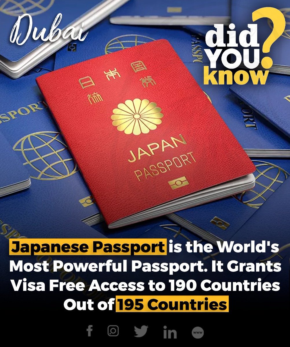 The Japanese passport holds the title of the world's strongest, granting visa-free or visa-on-arrival access to 193 destinations.  

#JapanPassport #TravelFreedom #GlobalInfluence #VisaFree #WorldRanking