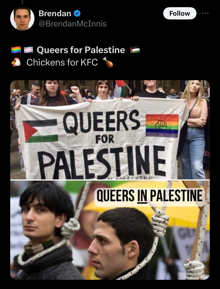 Σκέψου να είσαι #gay #λεσβία ή τέλος πάντων ένα #queer άτομο. Δηλαδή ένας άνθρωπος που ανήκει στην #LGBT κοινότητα και να υποστηρίζεις τους δολοφόνους σου. Τραγικό.
#LGBTQ #LGBTIQ #LGBTQIA #παλαιστίνη #ιράν #μέσηανατολή #μέση_ανατολή