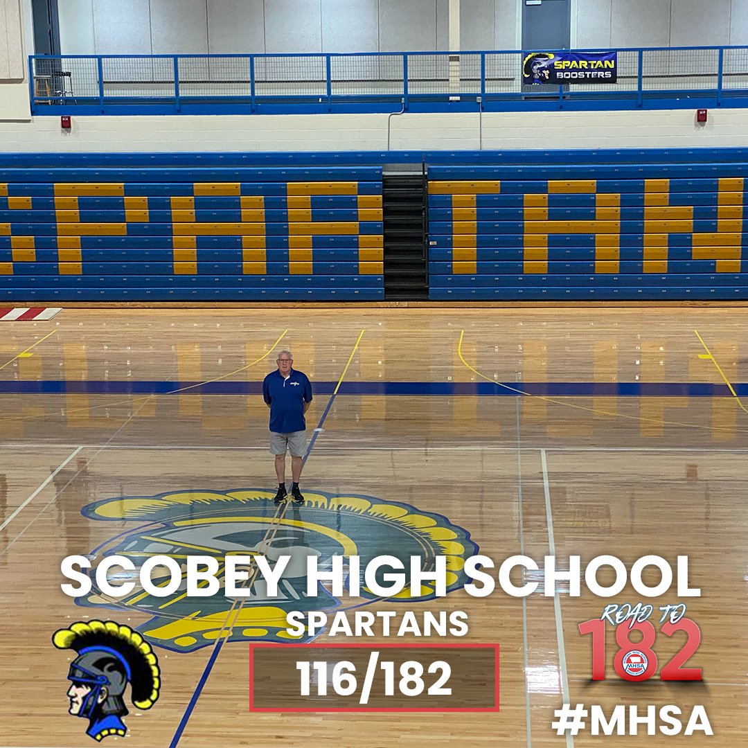 (116/182) Scobey High School MHSA's Kip Ryan visited Scobey High School. Scobey High School is a Class C School. Their school colors are blue & gold and their mascot is the Spartans. Thank you to Activities Director Larry Henderson for showing us around. #MHSA #Roadto182