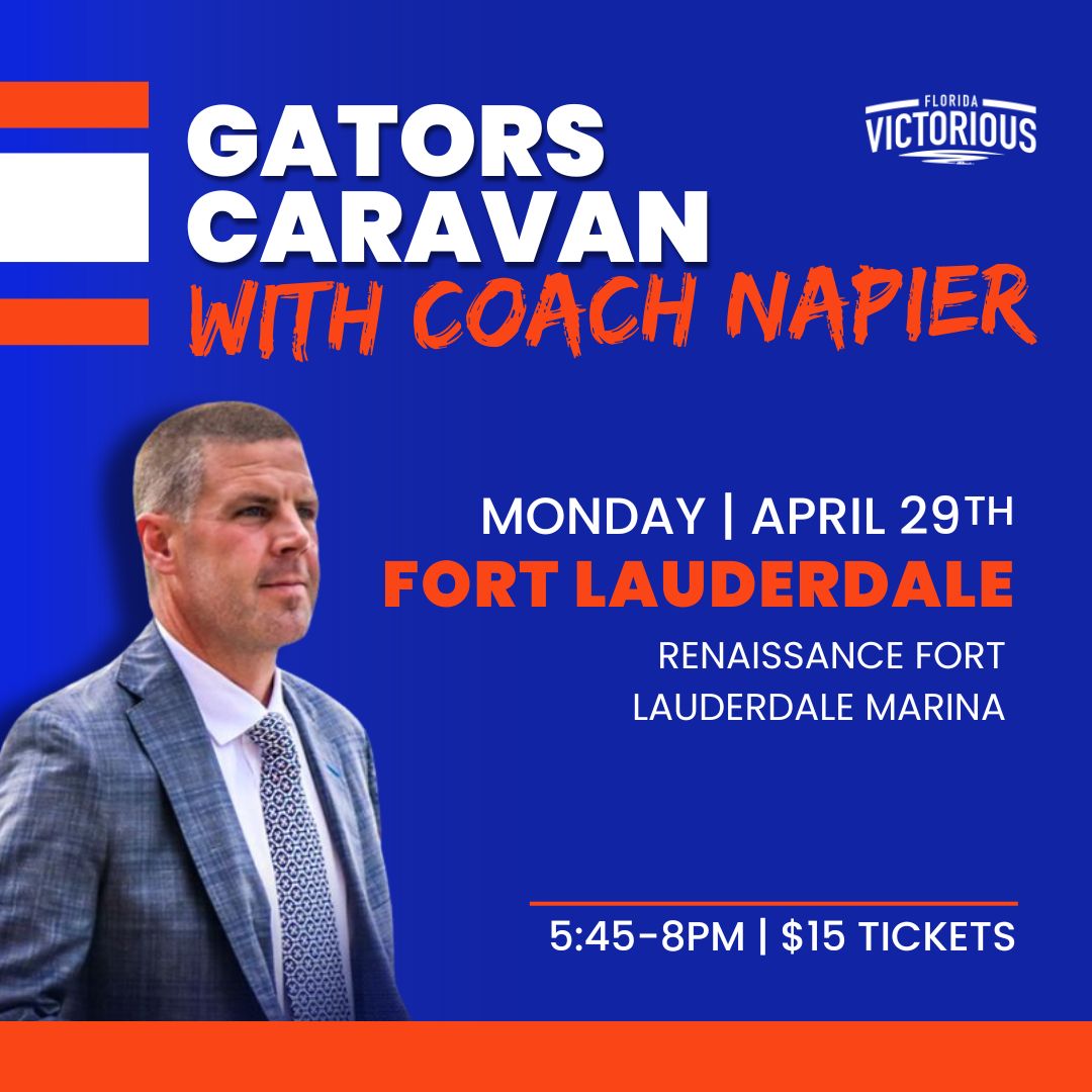 🐊 @coach_bnapier is on his next stop with the Gators Caravan on Monday, April 29th.🗓️ Don't miss out on hearing from Coach Napier! Get tickets here: 🔗 bit.ly/3xF98Ur #GatorNation #FloridaVictorious @gatorsfb @ufalumni