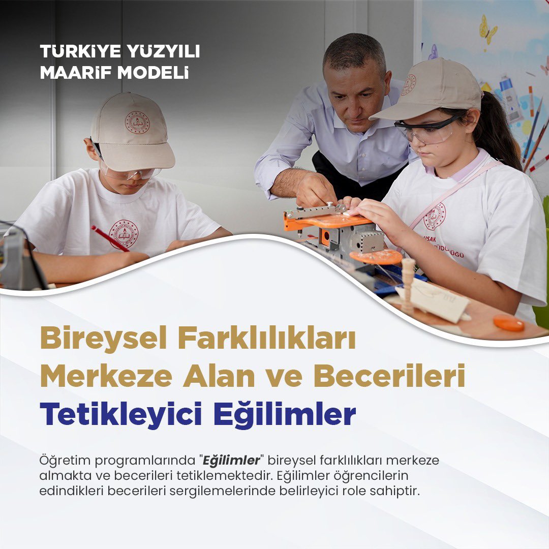 Türkiye Yüzyılı Maarif Modeli❗  

Öğretim programlarımızda öğrencilerimizin bireysel farklılıkları ve eğilimleri doğrultusunda beceriler edinmelerini hedefliyoruz.  

#KöklerdenGeleceğe

<a href="/tcmeb/">Millî Eğitim Bakanlığı</a>