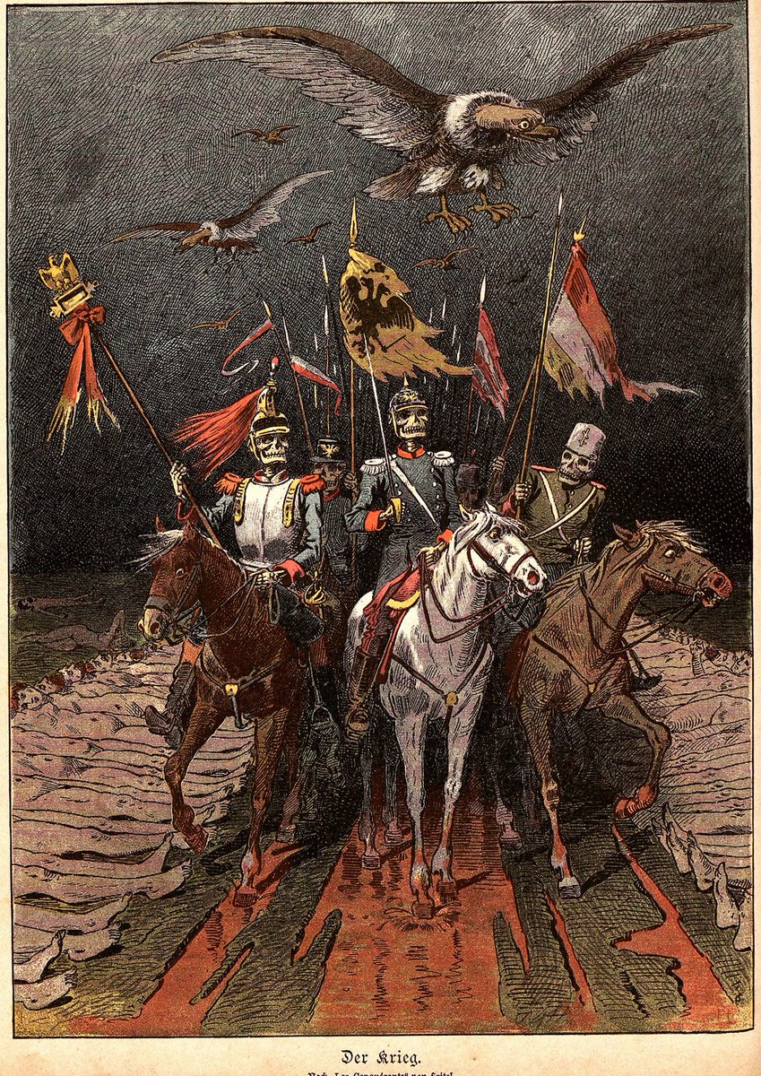 German anti-war illustration (July 1895) showing the deathly horsemen of the European powers walking between lines of corpses.