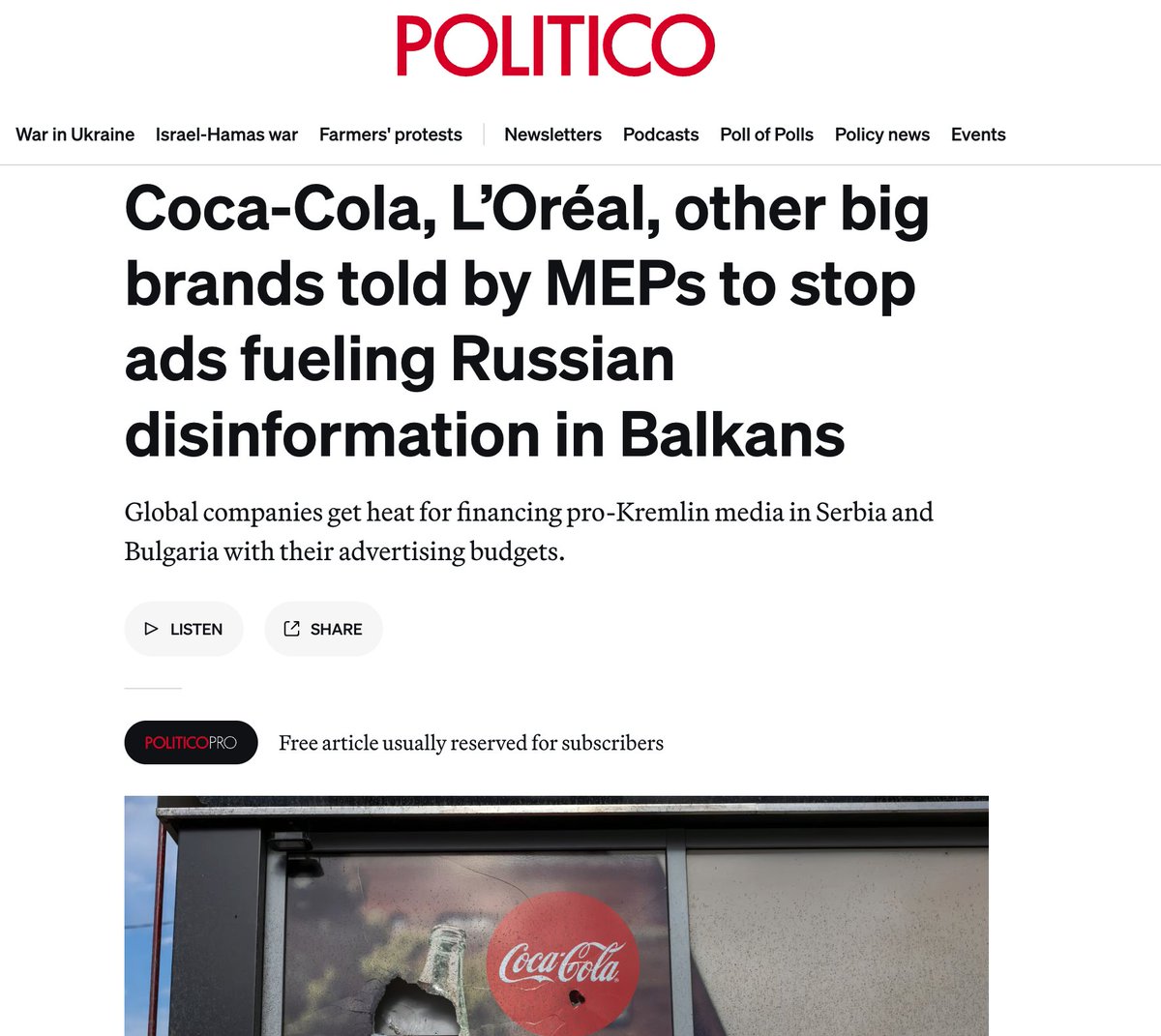 European Parliament lawmakers have told big brands like @CocaCola & @LOrealGroupe to stop advertising on pro-Kremlin Balkans media. Vucic regime-affiliated media, which rely heavily on international ad revenue, have pushed Kremlin's narratives about Russia's invasion of Ukraine.