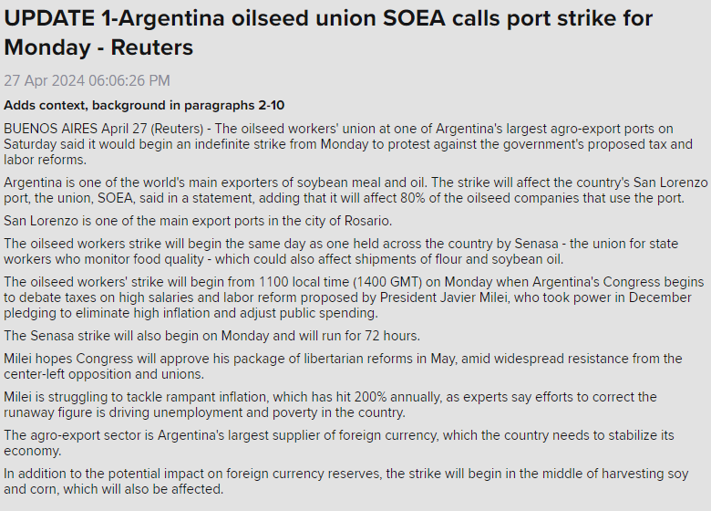 🇦🇷Oilseed workers at one of #Argentina's largest ports plan to begin striking from Monday to protest against the government's proposed tax and labor reforms. 
Argentina is a key supplier of #soymeal and #soyoil, though this could put those exports in jeopardy.