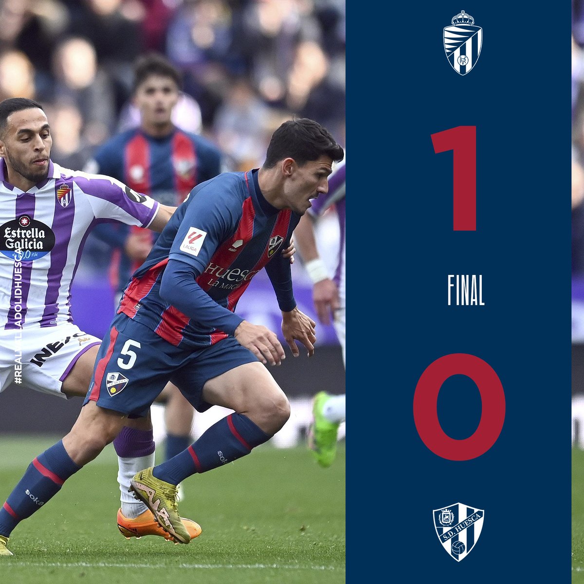 FINAL | Derrota en Valladolid. El equipo fue de menos a más en el partido y mejoró en la segunda mitad, pero no fue suficiente. ¡Hay que seguir remando! ¡Pensamos ya en el duelo en casa! 1-0 | #RealValladolidHuesca 🔵🔴