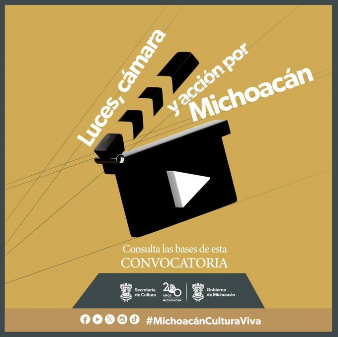 El @GobMichoacan, a través del Departamento de Cine de la Secretaría de Cultura y la Dirección de Promoción y Fomento Cultural, te invita a participar en la convocatoria 'Luces, Cámara y Acción por Michoacán'. Leer más 🎬👉 [ bit.ly/3JBVwMl ]