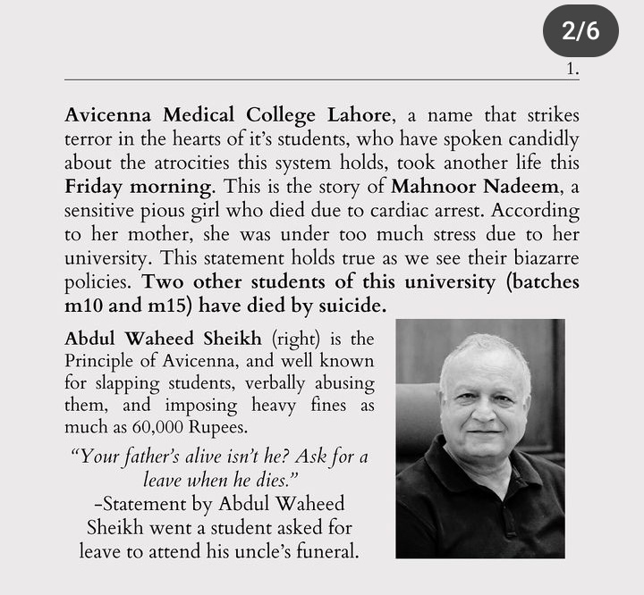 Iqbalian26's tweet photo. Avicenna Medical College has a history of student suicides &amp; attempts due to their strict rules and punishments.They are making students depression and mental patients .How many lives will it take for UHS and Govt to take action &amp; hold them accountable.UHS must blacklist Avicenna https://t.co/gP346u690C
