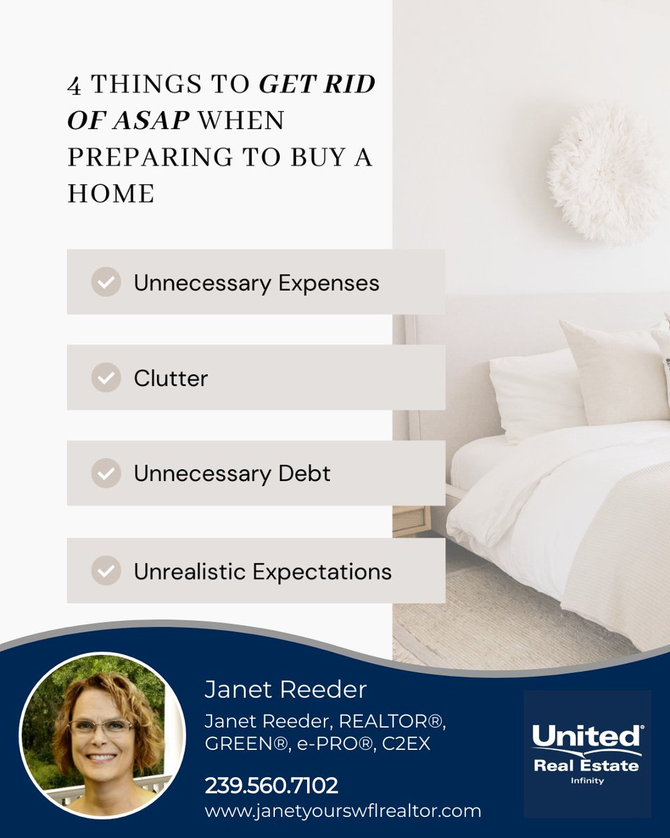 Buying a home? Ditch these 4 things: 1) Unneeded expenses - save for closing costs and essentials. 2) Clutter - ease your move. 3) Excess debt - improve mortgage terms. 4) Unrealistic expectations - stay practical. 

#homebuyingprep #budgetingtips #decluttering #financialhealth