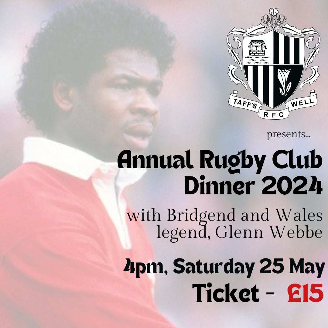 Annual Dinner tickets now on general sale to Members! 

Don't miss out on this wonderful night to celebrate our year in the company of Welsh legend, Glenn Webbe! 

Contact Adam to reserve your spot: 
Adam.chown@taffswellrfc.co.uk  or 07561451820

#UptheWell⚫️⚪️⚫️ 
#137years