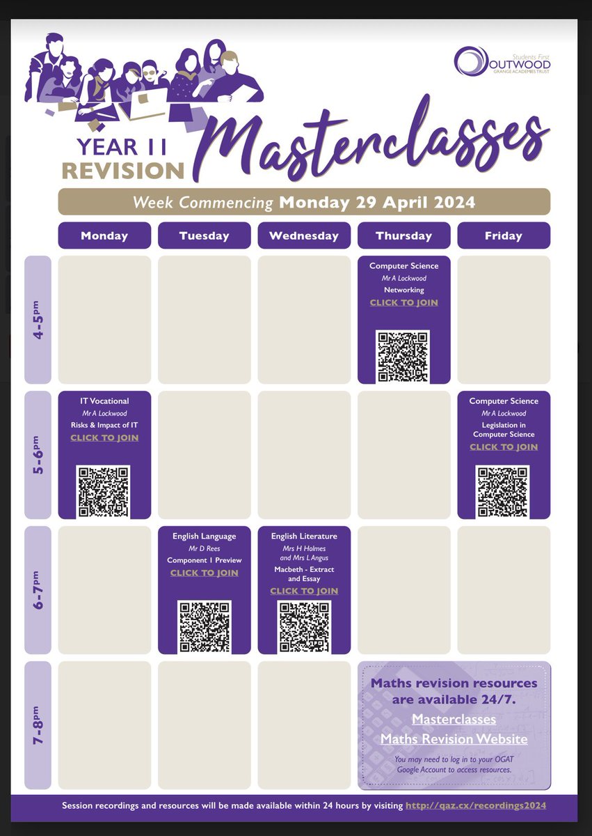 📢 Reminder for all Year 11’s- this weeks Masterclass timetable! #proudtobepurple #weareadwick