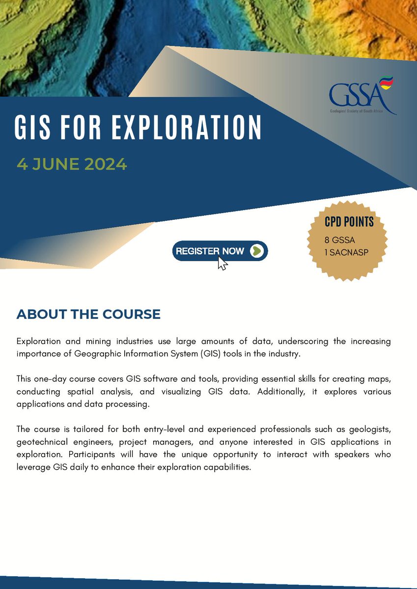 GIS for Exploration - 4 June 2024
Register here: cognitoforms.com/GeologicalSoci…

#gssa #geotwitter