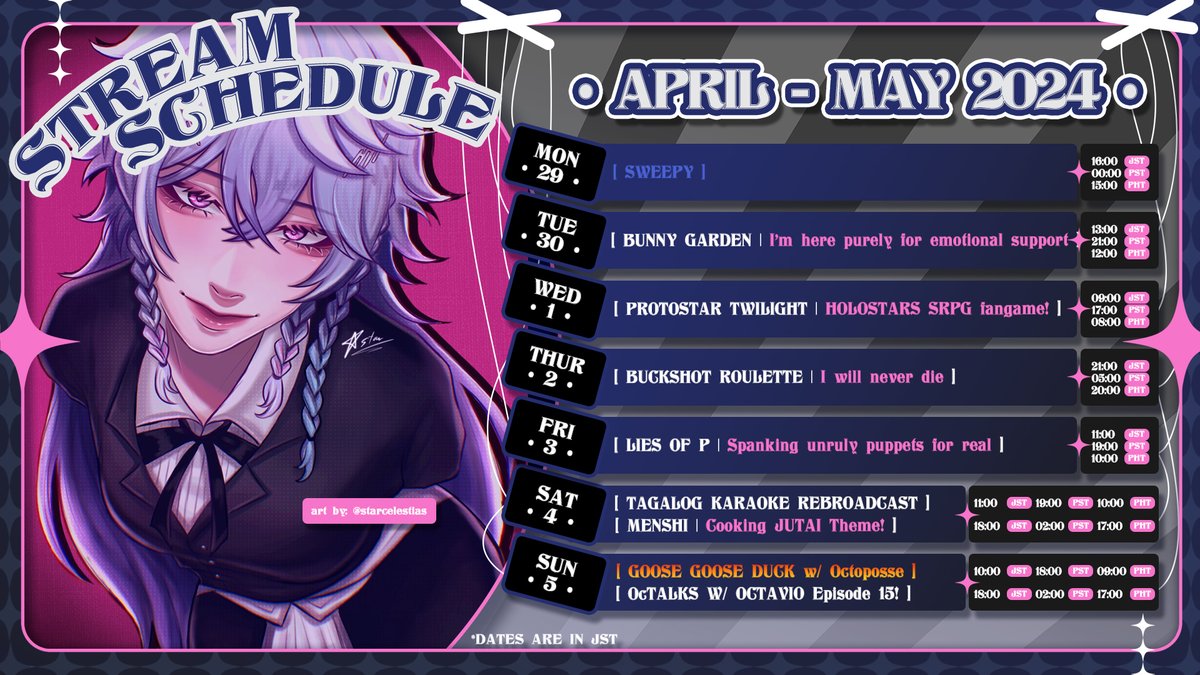 ♾NEW SCHEDULE♾
BUNNY GARDEN! Then Protostar Twilight the Tempus fangame, Lies of P, and the search for the next poppet of the week!

LIVE: #OctLIVEo
ART: #Artavio
MEMES: #OctoSus
CLIPS: #OctaClips
ASSETS: #OctAssets
REQUESTS: #karaVIOke
STORIES: #ArmisAdventures