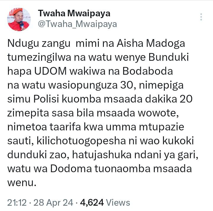 Taarifa ya Twaha Mwaipaya,kutoka Dodoma muda huu kuwa amezingirwa na watu wenye silaha maeneo ya UDOM ! NAKALA @tanpol @BBCAfrica @DeutscheWelle @amnesty @humanrightstz @bbcswahili