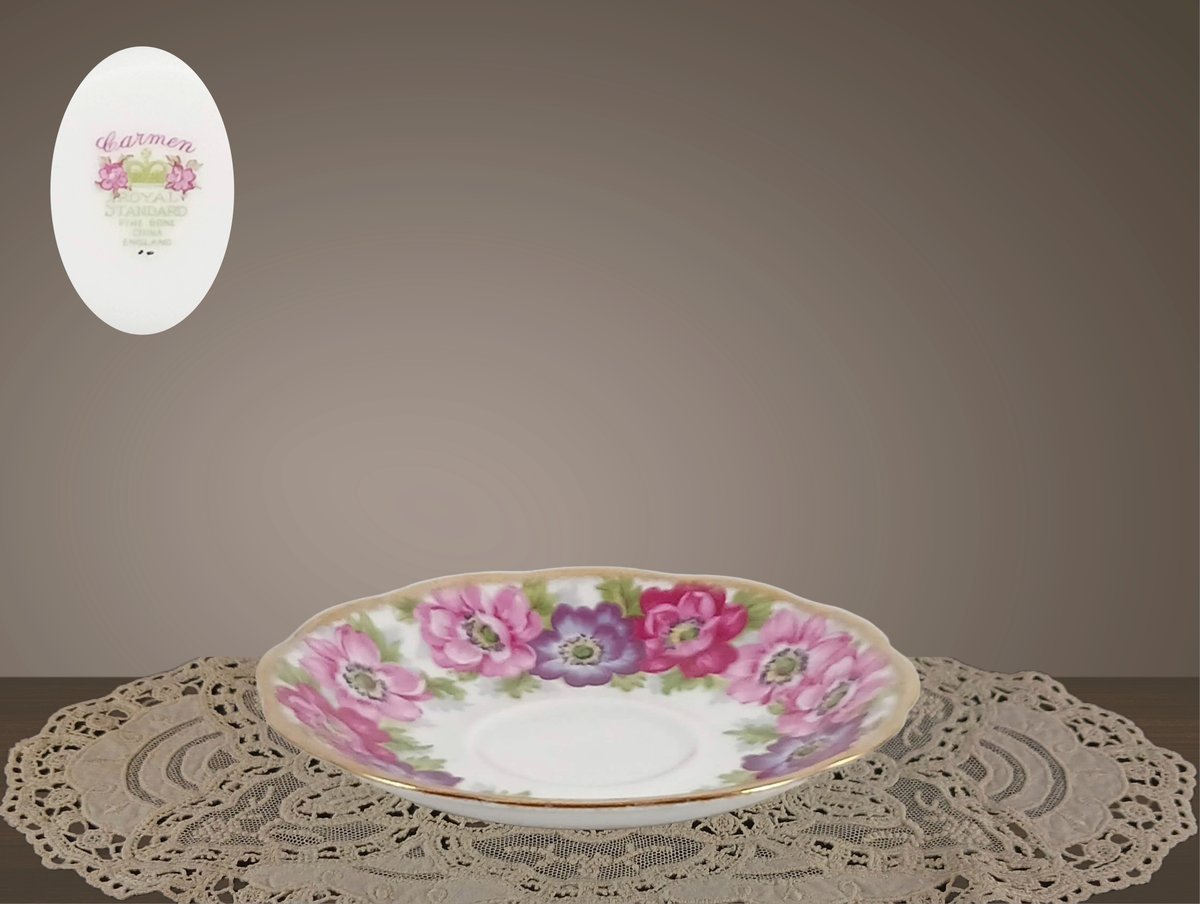 ROYAL STANDARD Tea cup saucer ONLY Carmen floral painted teacup saucer only gold gilt thick band cup forgottenkeepsakes.etsy.com/listing/172264… #pink #purple #ceramic #royalstandard #teacupsaucer #teaware #trinketdish #pindish #floralpattern