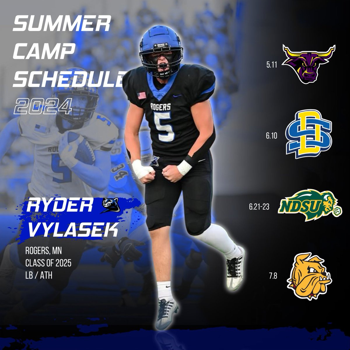 Camp season right around the corner, here are the camps I am signed up for as of now! Come check me out‼️ @MinnStFootball @GoJacksFB @NDSUfootball @UMD_Football @Todd_Taylor28 @CoachMeyersSDSU @SDSURogers3 @CoachOlsonNDSU @JamoBrown_ @Coach_Dill @CoachLukeOlson @RogersRoyalsFB