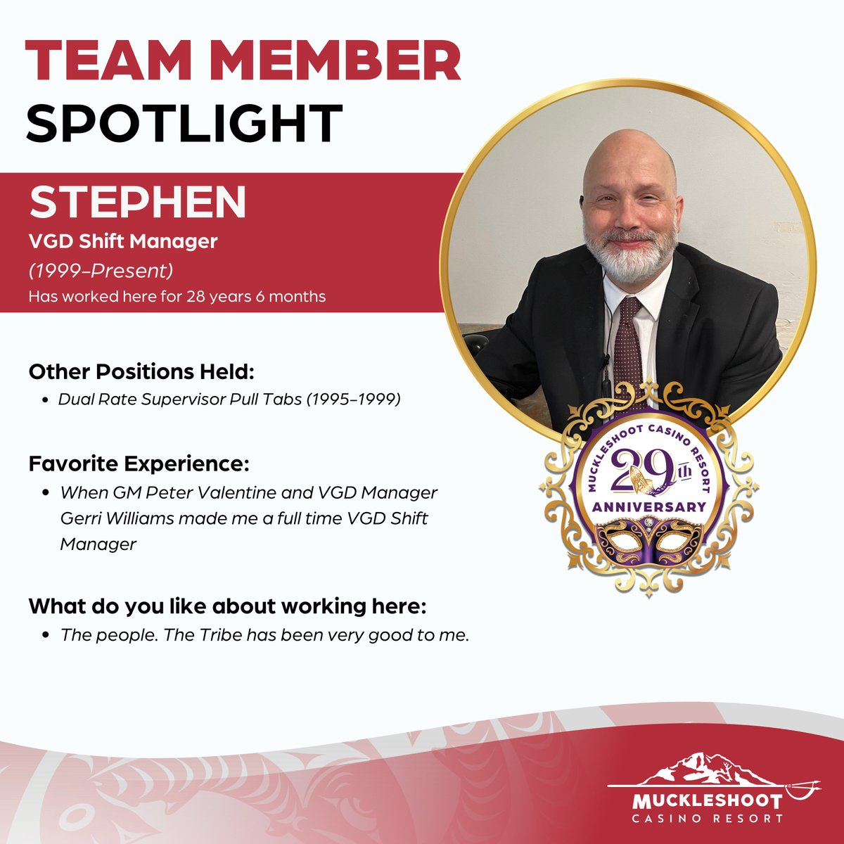 🍾Happy 29th Anniversary! Get to know our Team Members that have been here 20+ years! 

✨Stephen, on of our VGD Shift Managers, has been here 28 years, 6 months! You can say he knows his way around the gaming machines! 🎰 Thanks for all the fun games on the floor!