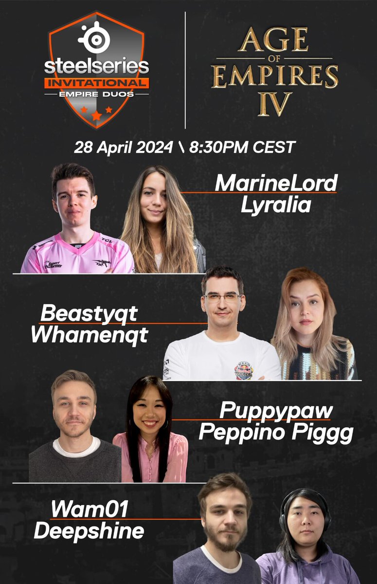 🏆SteelSeries x @AgeOfEmpires Series🏆 final day of our AoE IV series 👑 🤝 @BeastyqtSC2, @whamenqt, @MarineLorDSC2, @Lyralia_ 1puppypaw, peppino piggg, Wam, Deepshine go now 📺 👉 twitch.tv/steelseries