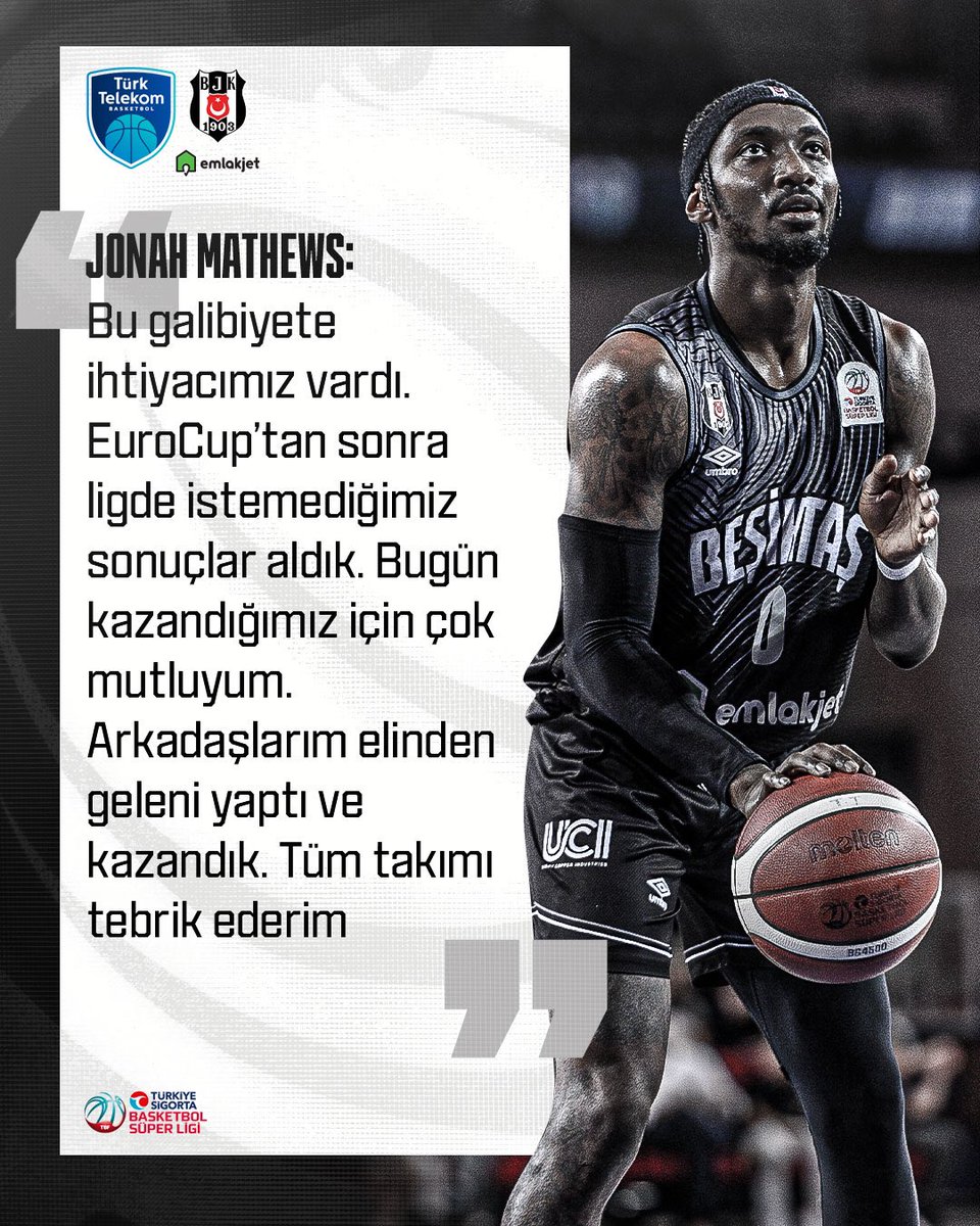 🗣️ Oyuncumuz Jonah Mathews’tan Açıklamalar

“Bu galibiyete ihtiyacımız vardı. EuroCup’tan sonra ligde istemediğimiz sonuçlar aldık. Bugün kazandığımız için çok mutluyum. Arkadaşlarım elinden geleni yaptı ve kazandık. Tüm takımı tebrik ederim.”