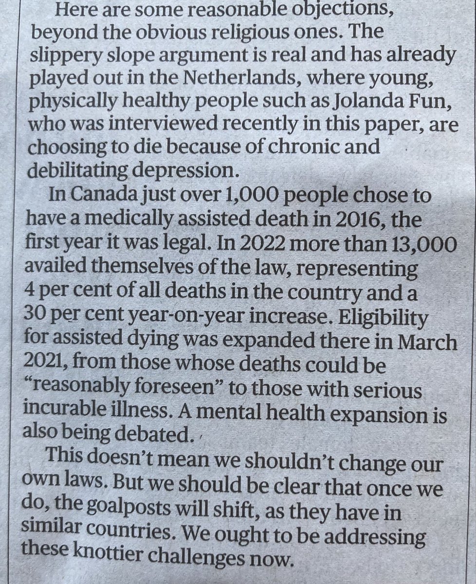 Sunday Times: @joshglancy writes a considered assessment of what he says is the inevitability of euthanasia “within 5 years.”I don’t agree with some of his arguments but endorse his warnings about to what it will lead: the experience of Canada should be carefully considered.See: