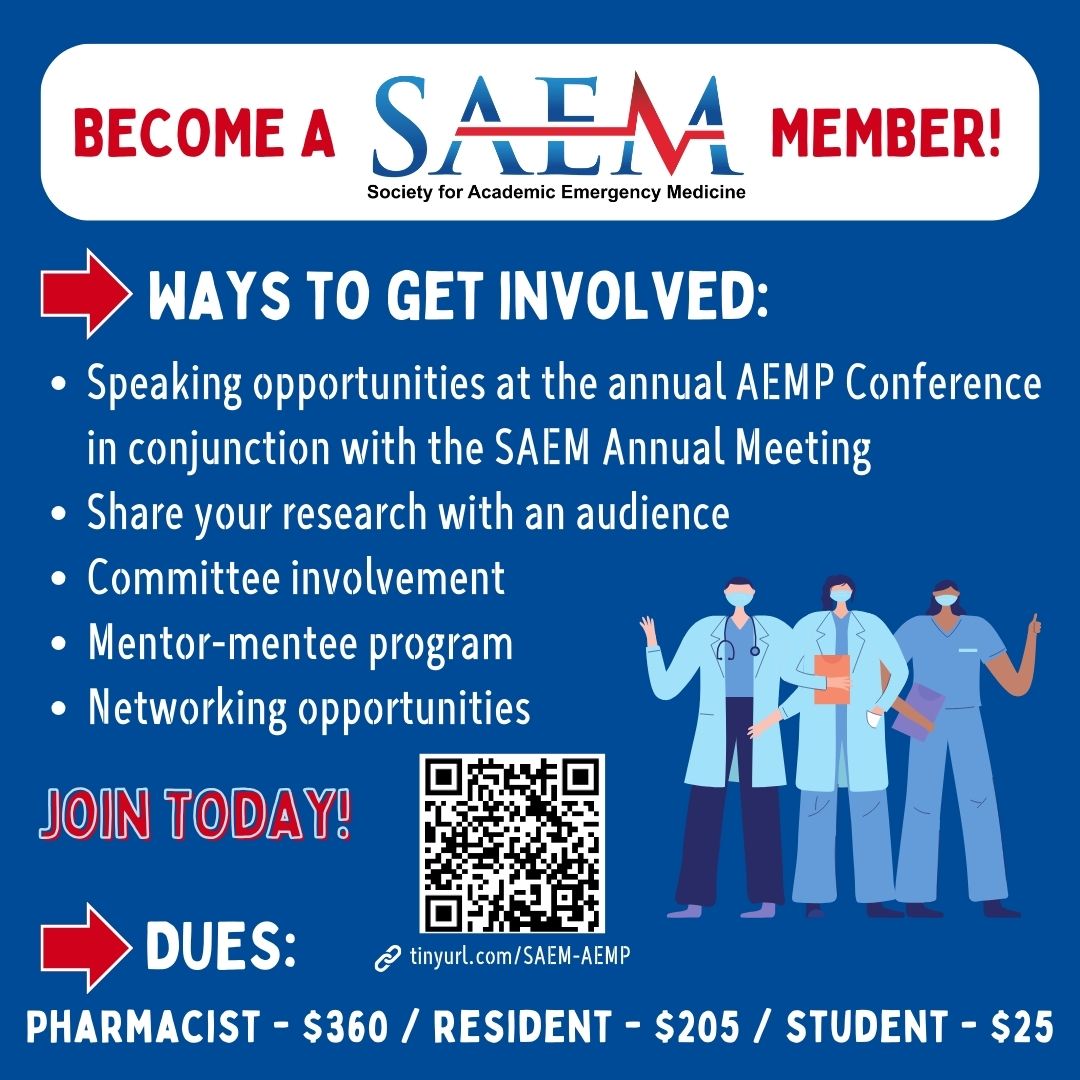 💊 Become an SAEM + AEMP member today! 
☺️ We want you to join our community. There are lots of ways to get involved and lots of benefits to membership. 
📱Click the QR code to learn more about SAEM + AEMP! 
#SAEM #AEMP #EMRx #TwitterRx <a href="/LRayRx/">Lance Ray</a> <a href="/EmergPharm/">Kyle DeWitt</a> <a href="/MeganARech/">Megan Rech, PharmD, MS</a>