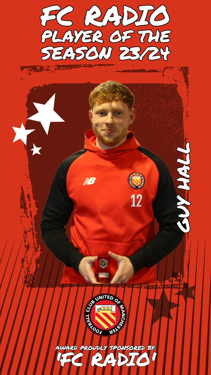 <a href="/GuyHall3/">Guy Hall</a> <a href="/FCUnitedWomen/">FC United of Manchester Women</a> <a href="/sphdnld/">Sophie D</a> <a href="/FCUnitedAcademy/">FC United Academy and Youth Teams</a> <a href="/onlineparking/">Parkspace by Chauntry</a> <a href="/DecMcLoughlin99/">Declan McLoughlin</a> <a href="/EmilyWa36625981/">Emily Walton</a> <a href="/Charlie_Oliver5/">Charlie Oliver</a> <a href="/JennieC08/">Jennie Swarbrick</a> <a href="/weareffb_/">Fusion for Business</a> <a href="/Cjones19933/">Curtis Jones</a> The <a href="/fcumradio/">FC Radio</a> award for Men's Player of the Season 23/24 went to a player who joined us from <a href="/Fulwoodams/">Fulwood Amateurs FC</a> in 2022 and appeared in all bar two of our competitive games this season, yes he's my guy, he's your guy, he's <a href="/GuyHall3/">Guy Hall</a> 

Congratulations Guy 👏👏