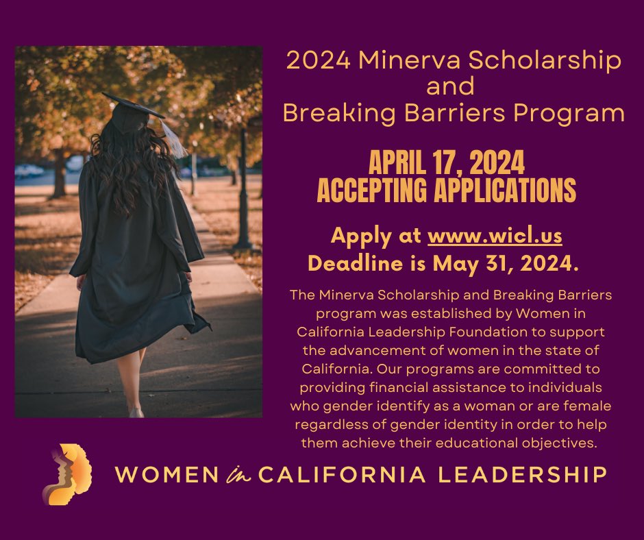Women in California Leadership is accepting applications for the Minverva Scholarship until May 31, 2024! This scholarship provides financial assistance to California women seeking higher education. Learn more: bit.ly/3QHtLWL
#WiCLScholars2024