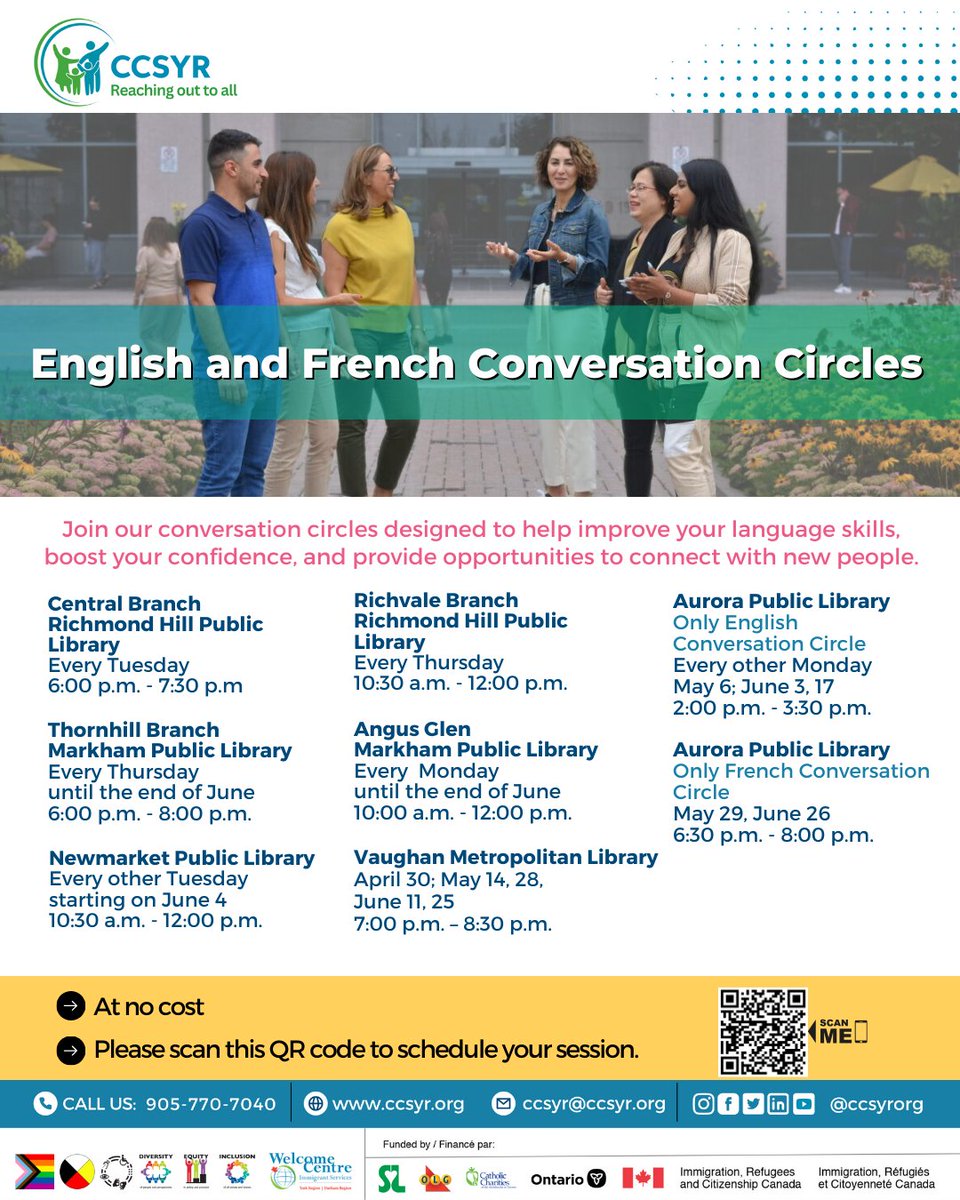 Our conversation circles can be the perfect start to improve your English or French-speaking skills. To book your session at select libraries, contact us at tinyurl.com/ymwest7z
#librarysettlement #yorkregion #ccsyr #newcomerservices #englishconversation #conversationcircle