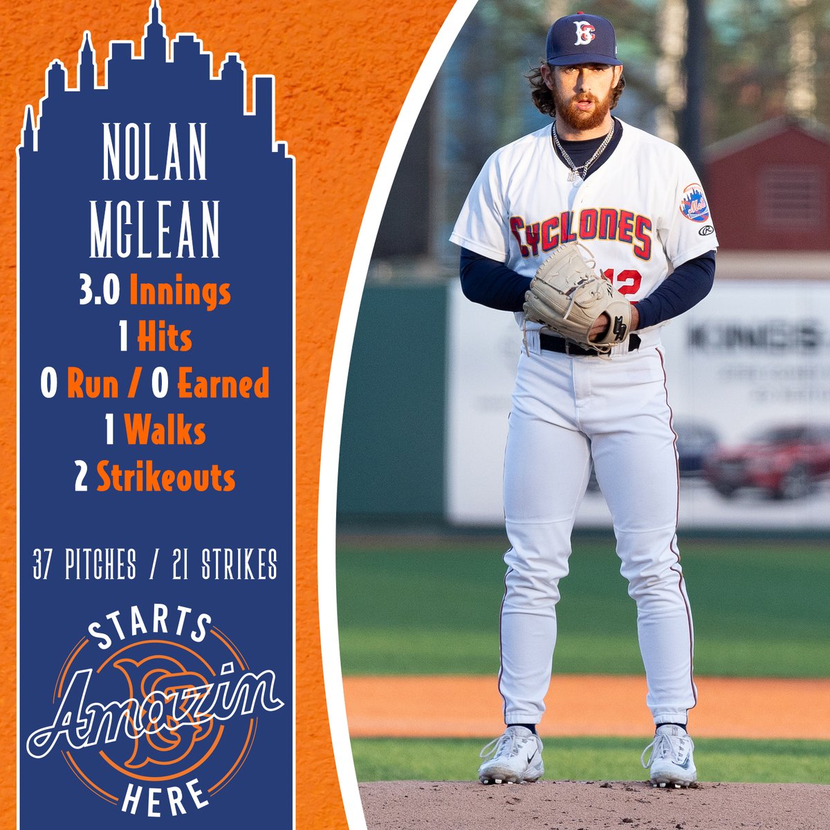 Nolan McLean with 3.0 more shutout frames in his second start of the week and departs after 37 pitches / 21 strikes. #AmazinStartsHere #LGM