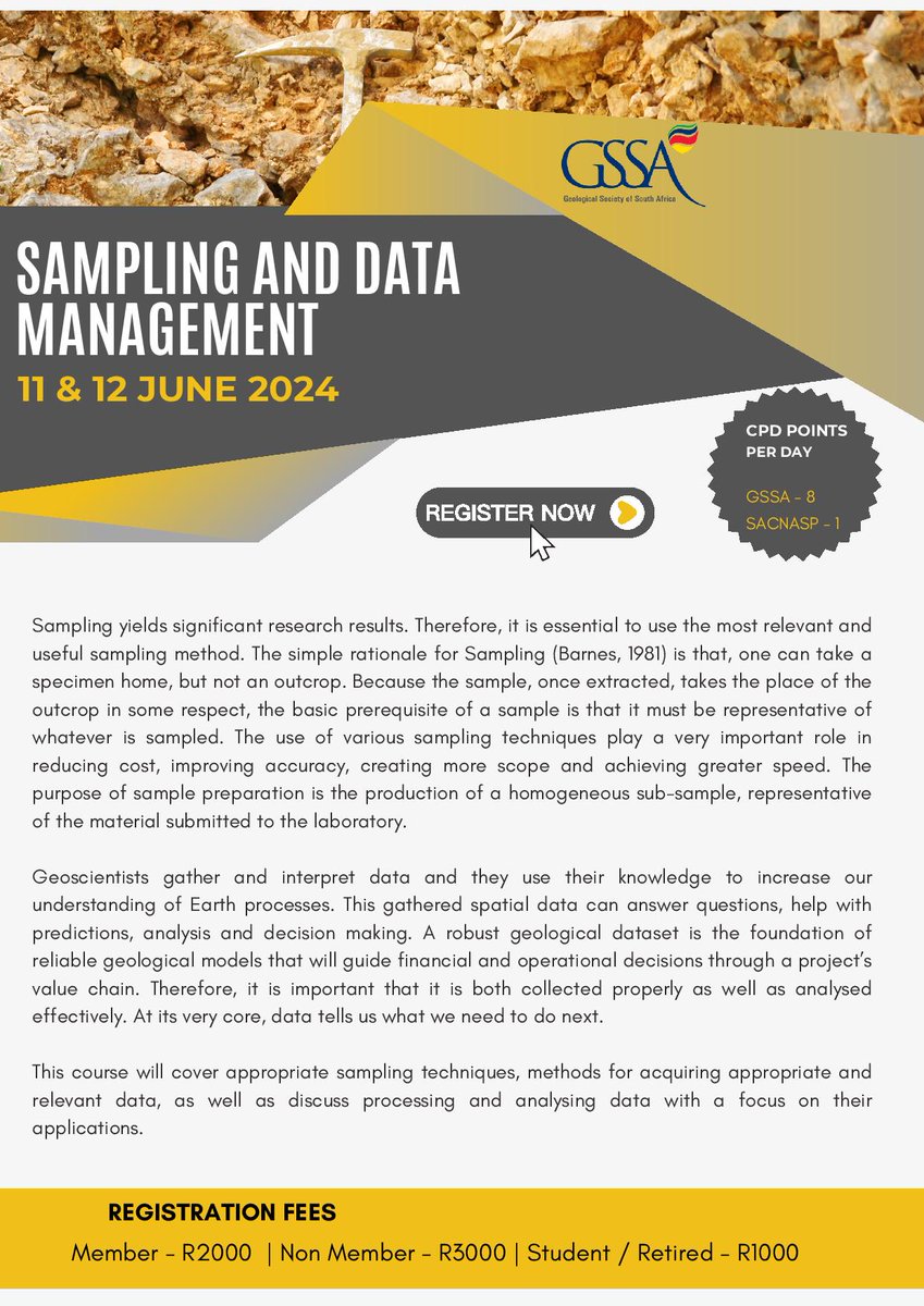 Sampling and Data Management - 11-12 June 2024: cognitoforms.com/GeologicalSoci…

#gssa #geotwitter