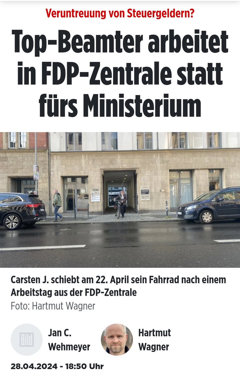 Wenn es stimmt, dass ein Beamter, der nur Beamter in @Wissing's Ressort wurde, weil er ein FDP-Parteibuch hat, dort gar nicht arbeitet, sondern weiterhin in der FDP-Parteizentrale, dann ist das Untreue & muss dienstrechtl. Konsequenzen nach sich ziehen! m.bild.de/politik/inland…