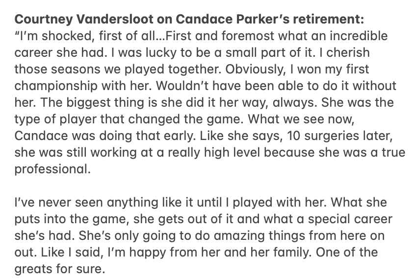 Here's how Courtney Vandersloot, a teammate of Parker's in 2021 and 2022, reacted to Parker's retirement. 'She was the type of player that changed the game. What we see now, Candace was doing that early.'