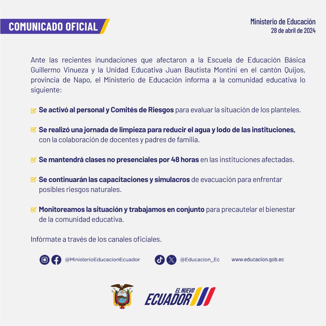 Educacion_Ec's tweet photo. 🚨[COMUNICADO] #Napo | Informamos a la comunidad educativa sobre las acciones que realizamos ante las recientes inundaciones que afectaron a dos unidades educativas:

⚪️Escuela de Educación Básica Guillermo Vinueza 
⚪️Unidad Educativa Juan Bautista Montini 

#ElNuevoEcuador 🇪🇨 https://t.co/PVNfczrEYC