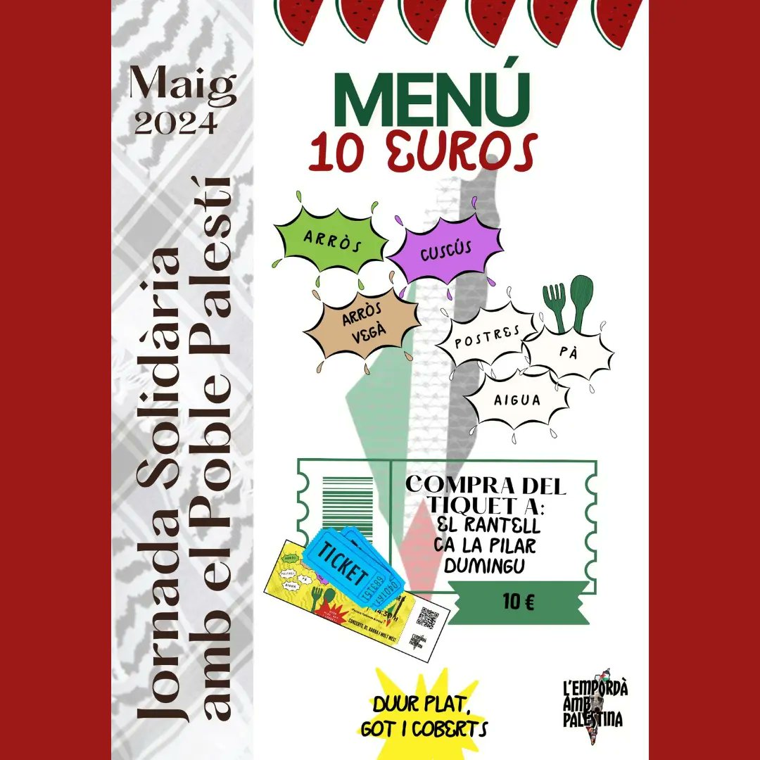 🇵🇸 El proper dissabte 4 de maig a La Bisbal tenim una cita. Ens trobarem per donar suport a @lempordaambpalestina per reivindicar, en una jornada de lluita i reflexió, el dret a existir del poble palestí.

Acompanyem-nos en aquesta diada per cridar tots junts #palestinalliure!