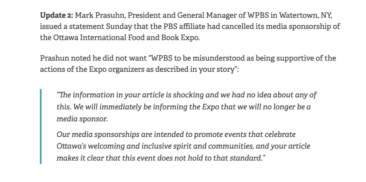 UPDATE 2: WPBS in Watertown, New York has just cancelled its media sponsorship of the Ottawa Food and Book Expo in response to this story. “The information in your article is shocking and we had no idea about any of this,” the PBS affiliate told @pressprogress.