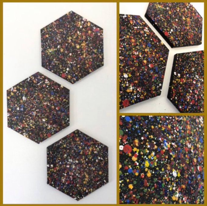 Triptych Hexagon Abstract Paintings 😊 These paintings are inspired by Pollock's iconic drip artwork, and they feature a vibrant array of colours that’s just magic. They will add a touch of modern art to any space #MHHSBD #craftbizparty #shopindie #UKCraftersHour #crafthour