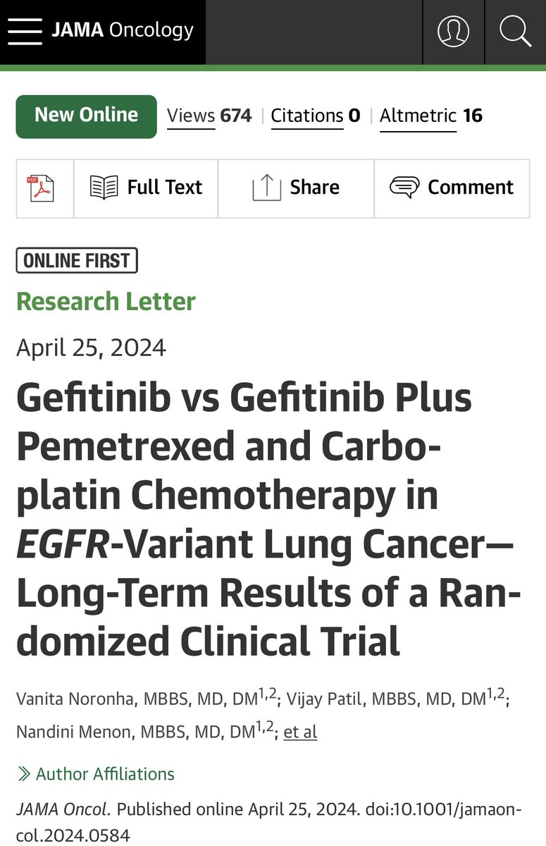 Gefitinib vs Gefitinib Plus Pemetrexed and Carboplatin Chemotherapy in EGFR-Variant Lung Cancer-Long-Term Results of a Randomized Clinical Trial @VanitaNoronha @JAMAOnc @VivekSubbiah #EGFR #clinicaltrials #Cancer #Oncology #lungcancer #Gefitinib jamanetwork.com/journals/jamao…