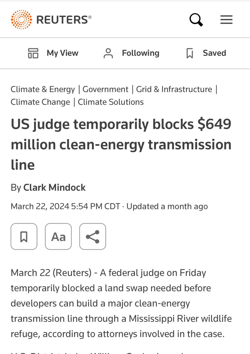 An environmental group successfully blocked the last miles of a nearly complete 102 mile transmission line that would connect 160 renewable sites to the Midwest. Brutal.