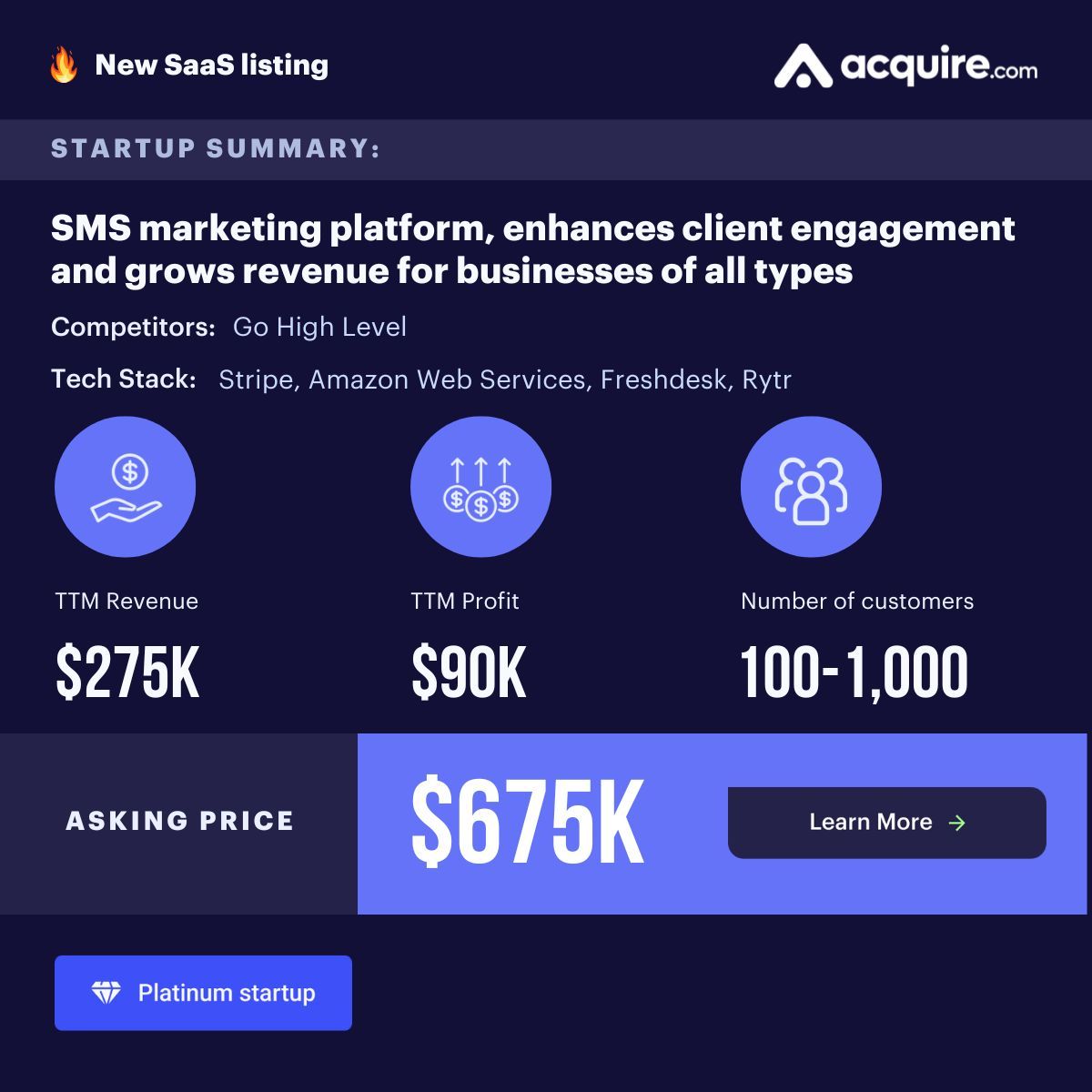 🔥 New GBA Startup Listed 🔥 SaaS | SMS marketing platform, enhances client engagement and grows revenue for businesses of all types | $275k TTM revenue Asking Price: $675k Contact the seller here: buff.ly/3I0WvEU