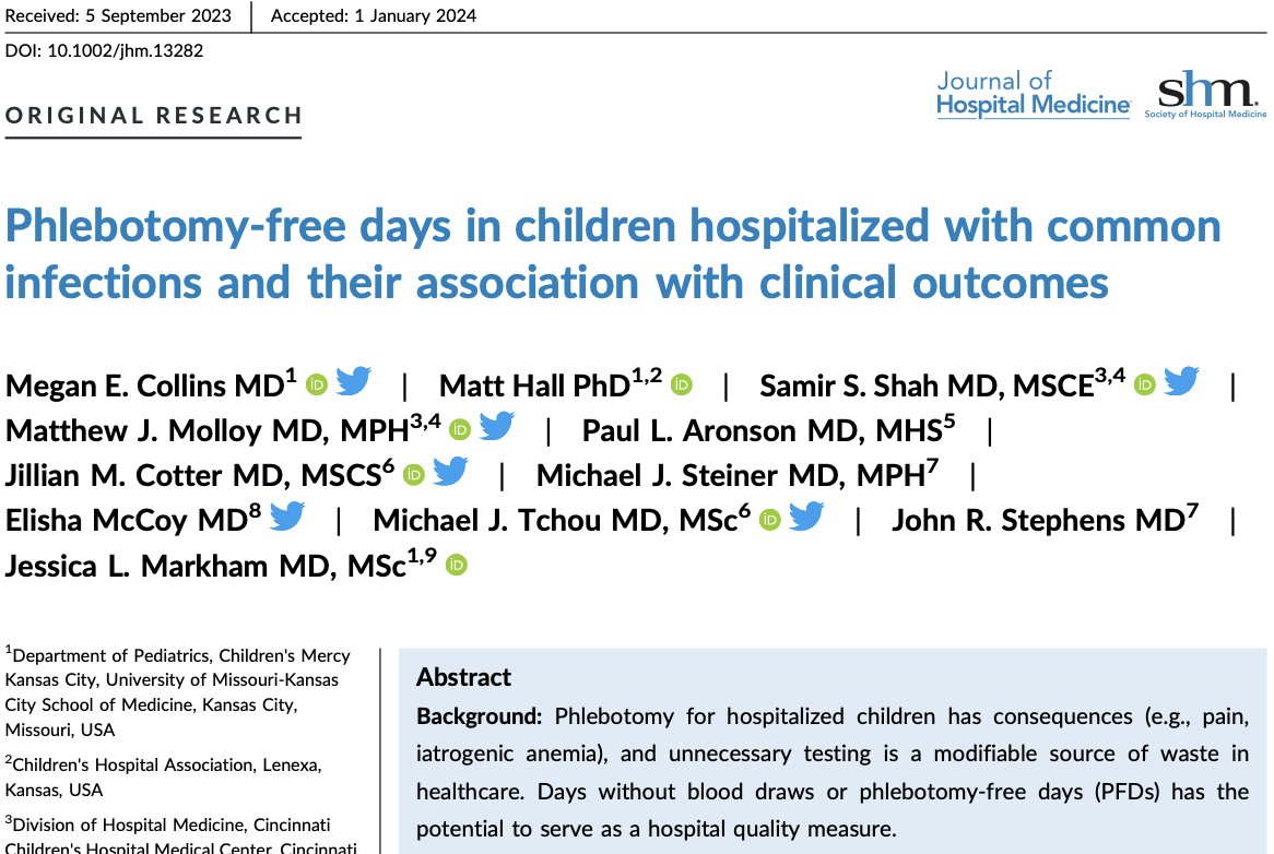 Journal of Hospital Medicine (@jhospmedicine) on Twitter photo 🚫💉 Reducing unnecessary labs for hospitalized kids could lead to better outcomes and efficiency. #HighValueCare
🔗: …mpublications.onlinelibrary.wiley.com/doi/10.1002/jh…
✍️: <a href="/meganecollinsmd/">Megan Collins</a>, @jmarks614, <a href="/stats_hall/">MattHallStats</a>, <a href="/SamirShahMD/">Samir S. Shah</a>, <a href="/MMolloyMD/">Matt Molloy, MD, MPH</a>, <a href="/jillianmcotter/">Jillian Cotter, MD</a>, <a href="/TchouMd/">Mike Tchou</a>, <a href="/elisha_mccoy/">Elisha McCoy</a> 🚫💉 Reducing unnecessary labs for hospitalized kids could lead to better outcomes and efficiency. #HighValueCare
🔗: …mpublications.onlinelibrary.wiley.com/doi/10.1002/jh…
✍️: <a href="/meganecollinsmd/">Megan Collins</a>, @jmarks614, <a href="/stats_hall/">MattHallStats</a>, <a href="/SamirShahMD/">Samir S. Shah</a>, <a href="/MMolloyMD/">Matt Molloy, MD, MPH</a>, <a href="/jillianmcotter/">Jillian Cotter, MD</a>, <a href="/TchouMd/">Mike Tchou</a>, <a href="/elisha_mccoy/">Elisha McCoy</a>