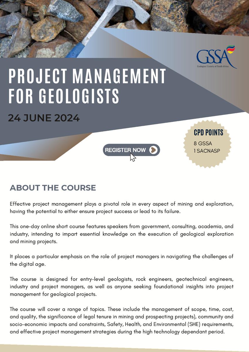 Project Management for Geologists: 24 June 2024

Register here: cognitoforms.com/GeologicalSoci…

#gssa #geotwitter