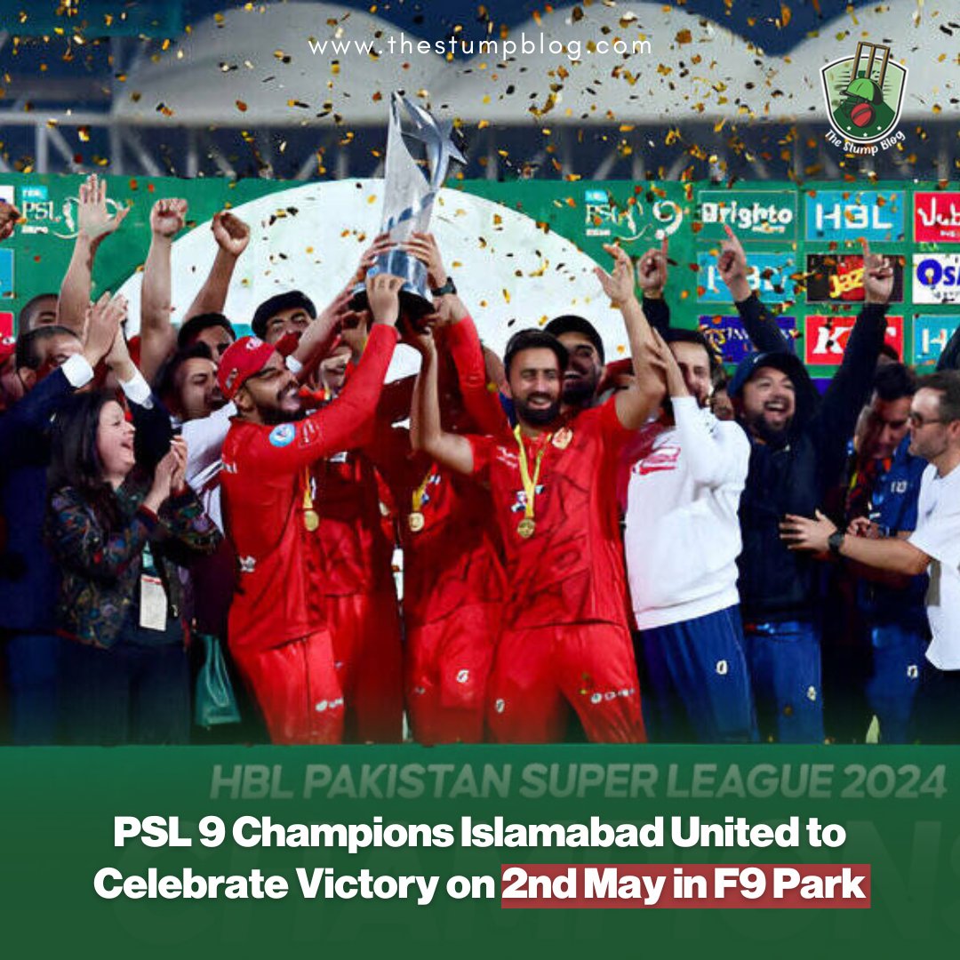 The Celebration will be organized next month 2nd of May, the team will parade along the trophy on the route of Shalimar Ground to F-9 Park. 

Read: thestumpblog.com/psl-9-champion…

#PAKvsNZ #PakistanCricket #Islamabad #PSL9 #F9Park #PCB #Cricket