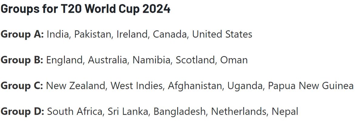 Groups for T20 World Cup 2024
#Pakistani  #PakistanCricket  #Pakistan #WorldCupYear2024 #worldcupqualified #india  #Canada  #unitedstate #Scotland  #NewZealand #NepalCricket  #Bangladesh  #netherland #SriLanka #SouthAfrica #oman #England  #AustraliaCup  #cricketfeed