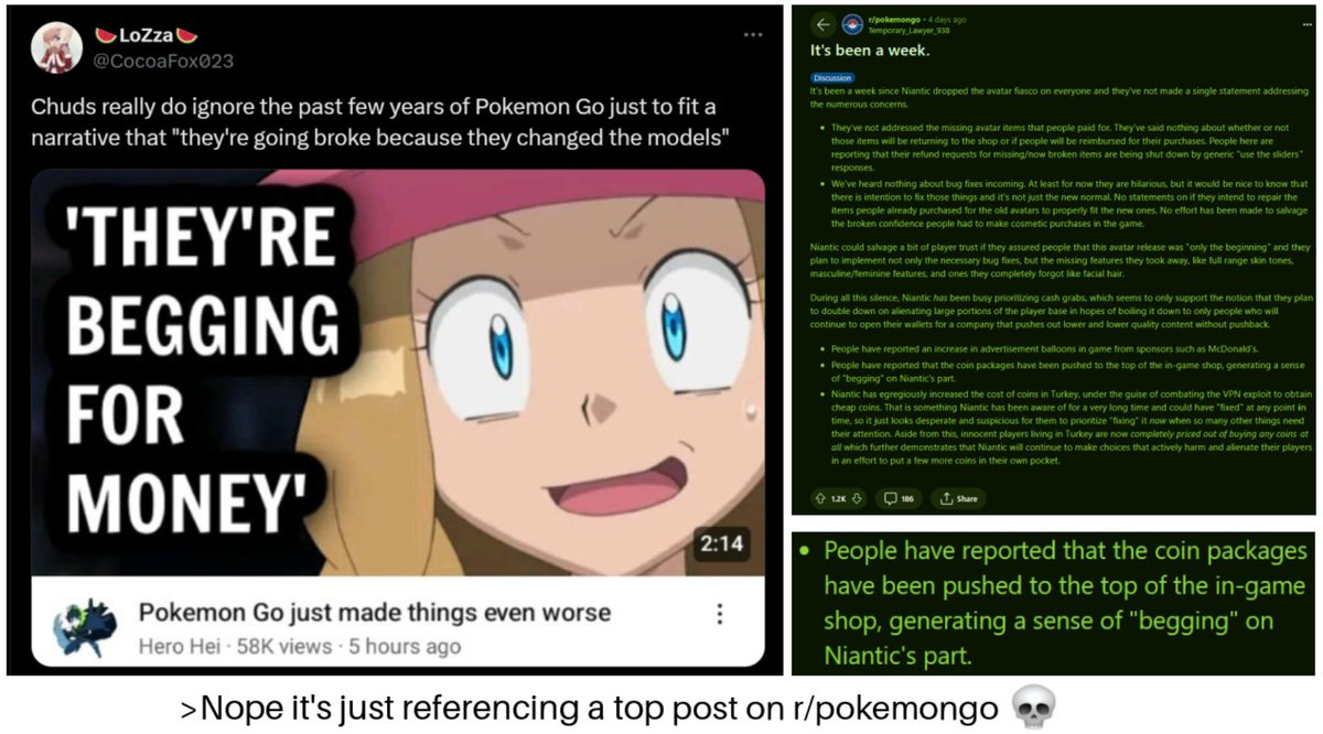 what a weird tweet. the thumbnail is just referencing a top post on r/pokemongo where people are rightfully criticizing Niantic. please don't project your bootlicking and political brainrot onto others :3