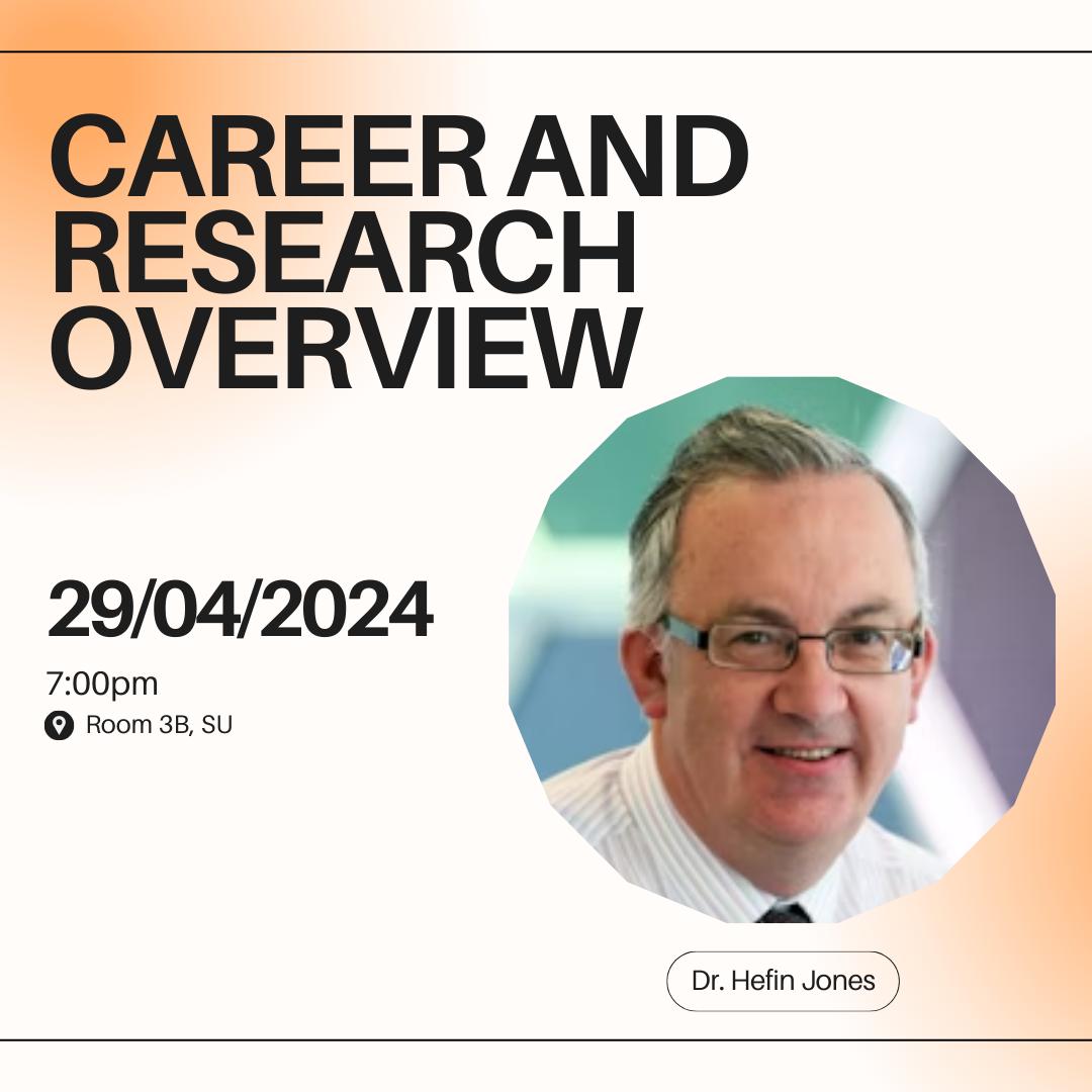 Come along on Monday 29th in room 3B at 7pm, to learn about Dr. Hefin Jones' (<a href="/THJ1961/">Hefin Jones 🏴󠁧󠁢󠁷󠁬󠁳󠁿</a>) career and his research!
