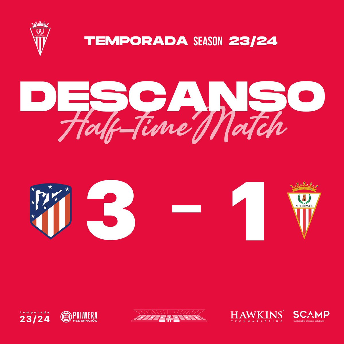 ⏸️Descanso. 3-1

#AtletiAlgeciras #ThisisACF #CrecemosContigo #HechosParaGanar