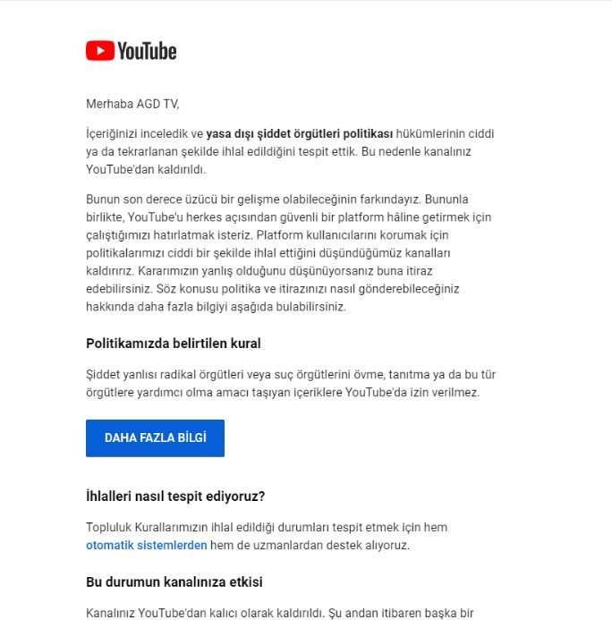 AGDSalihTURHAN's tweet photo. Filistin Direnişine verdiğimiz destekten dolayı AGD TV Youtube Kanalımız kapat��lmıştır.

Küresel sistemin içerisinde yer alan sosyal medya ağları, Filistin'de yaşananları ne kadar görmezden gelselerde, bir yerlerde mazlum insanlar büyük bir zulüm ve soykırım ile karşı karşıya kalmaktadır.

Batı iki yüzlülüğünü sosyal medya platformları üzerinden de göstermeye devam etmekte, Filistin direnişini sözde terör örgütü olarak göstermektedir.

En büyük terör örgütü israil'e karşı haklı duruşumuz devam edecektir.